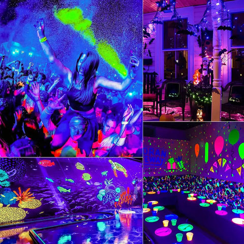 Top Shelf 30W LED Blacklight Flood Lights 6 Pack Heavy Duty IP66 Waterproof Fixtures illuminating a vibrant glow party scene.