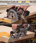 Six And A Half Inch Cordless Circular Saw Delivers Badass Cutting Force through double four Ah power packs, cutting wood at various angles.