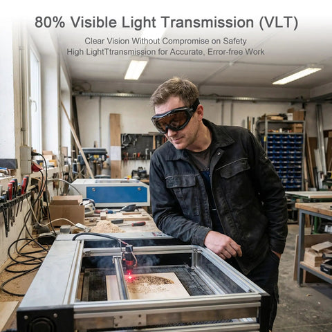 Professional Grade CO2 Laser Safety Goggles Pack Hella Solid Eye Defense And Crystal Clear Vision For Precision Engraver And Cutter Projects With Super Comfy Wrap Strap Fit worn by a man using a laser cutter.