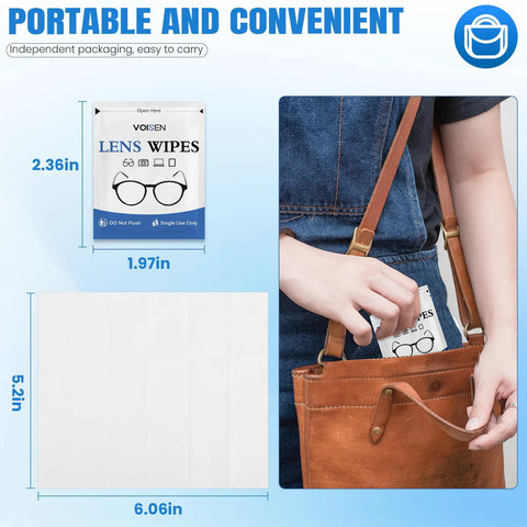 VOISEN Lens Wipes packet for eyeglasses; 800-pack, individually wrapped, blue-and-white front view.