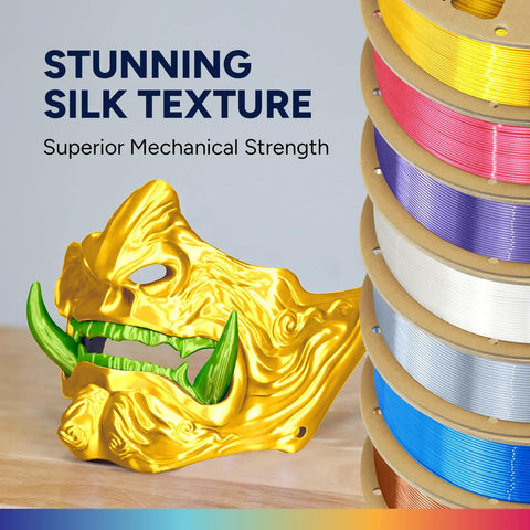 Top Shelf Silk PLA Filament 1.75mm 3D Printer Spool with golden mask and colorful spools, ideal for cosplay and art.