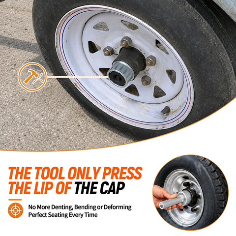 Top Tier Trailer Dust Cap Installation And Removal Tool For 2.72 Inch Axle Grease Cover Puller applied to wheel cap for maintenance.