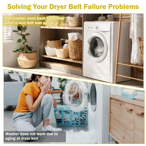 Compact laundry room with washer and dryer, emphasizing dryer belt replacement for efficient drying.