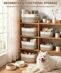 Get Your Home Sorted And Level Up Your Organization Game With This Six Piece Foldable Woven Storage Basket Set Perfectly Sized To Tackle Cabinet Clutter Clothes Sorting Toys And Daily Essentials Quick And Easy. Six woven storage baskets on shelves with a dog sitting nearby.