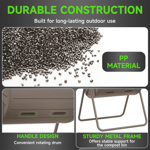 Outdoor Compost Tumbler Bin 38 Gallon Dual Chamber With Easy Turn Lockable Inlet features durable PP material and sturdy metal frame