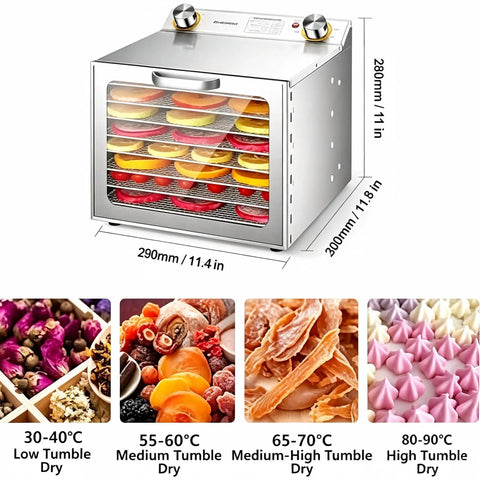 Straight Up Seriously Even Drying Stainless Steel Food Dehydrator With 8 Roomy Trays showcasing colorful fruits inside.