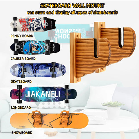 Retro Acrylic Skateboard Wall Mount And Snowboard Display Rack For Fresh Setup Deck Stash And Longboard Cruiser Storage With Skater Grade Wall Hanger System displaying multiple boards.
