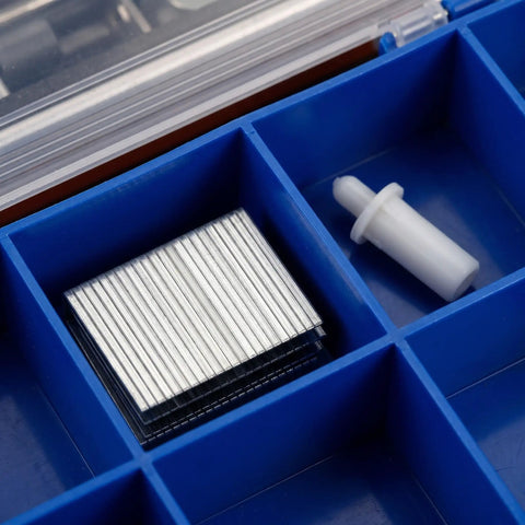 No Sweat Heavy Duty 30 Piece Shutter Tilt Rod Pins And Wooden Blind Hardware Repair Kit With Stainless Steel Fasteners For Interior Window Treatment White, close-up of steel fasteners and pin.