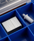 Hassle Free Shutter Repair Pins And Blind Slat Connectors For Plantation Windows and Wood Blinds With Tilt Rod Clips in blue organizer.