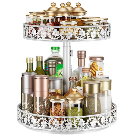 12 Inch 2 Tier Lazy Susan Turntable Organizer Adjustable Height with spices, oils, and jars, designed for kitchen countertop organization.