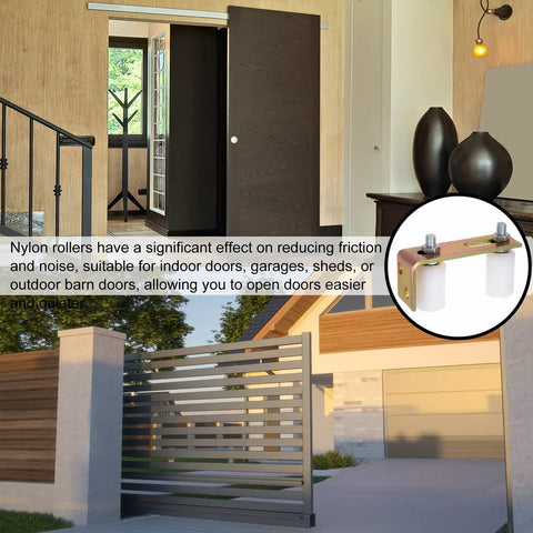 Heavy Duty Sliding Gate Door Rollers With Adjustable Track Brackets And Precision Ball Bearing Nylon Wheels Glides Like A Champ On Metal Or Round Rails Rock Solid Construction No Sweat Install For Backyard Or Business Use White displayed in a modern home setting.