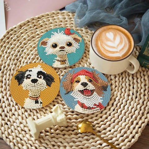 Dog Diamond Art Coaster Kit For Beginners With Holder DIY 8 Pack Diamond Painting Coasters Set Includes Cork Bases Diamonds Pen Glue Tray And Bonus Extra Diamonds For Easy Creative Crafting showing three decorated coasters.