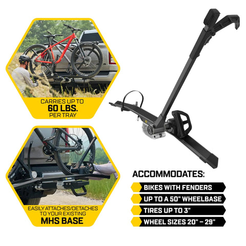 Modular Two In One Hitch Rack for two bikes up to eighty pounds tilts and folds installed on vehicle, showing frame safety features.