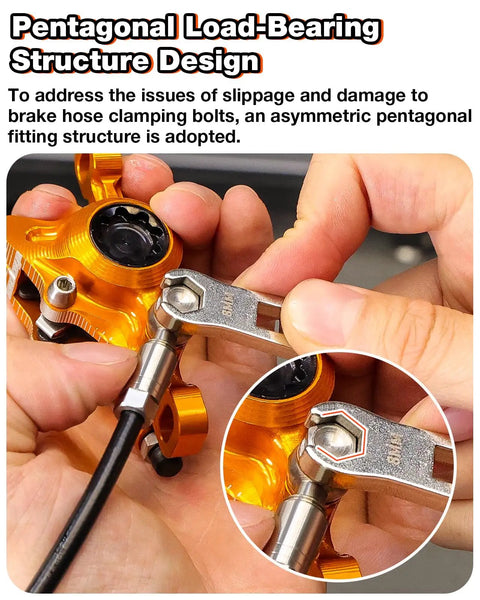 Close-up of 3 in 1 Hydraulic Brake Tool for Bikes Hose Cutter Needle Driver and 7 8mm Brake Line Wrench in use, pentagonal fitting.