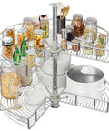 Heavy Duty Steel Corner Organizer With Killer Swivel Action Lazy Susan Turntable And Chrome Pie Cut Design For Kitchen Cabinet Storage Hella Sturdy Build Easy Assembly Top Tier displaying jars and bowls in a pantry.