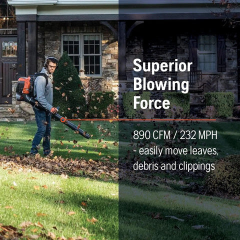Man using Gas Backpack Leaf Blower 65.6cc 3.81HP 2-Cycle With 890CFM And 232MPH in yard