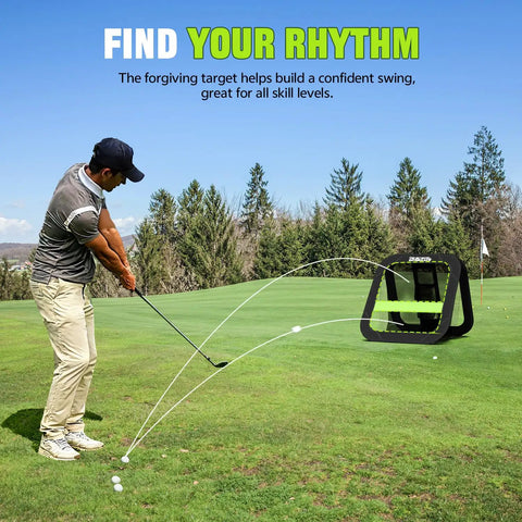 Golfer using Two In One Golf Chipping Practice Net For Backyard Foldable Two And A Half Feet Includes Ground Stakes Storage Bag And Illustrated Guide A Dope Gift For Men And Women Who Love Golf Accessories on course