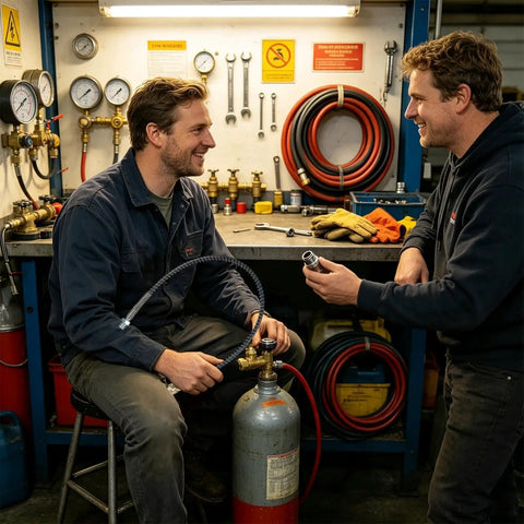 Two men discussing a Heavy Duty Air Hose For Compressor With Reinforced Spring Guard And Flexible High Pressure Adapter in a workshop.