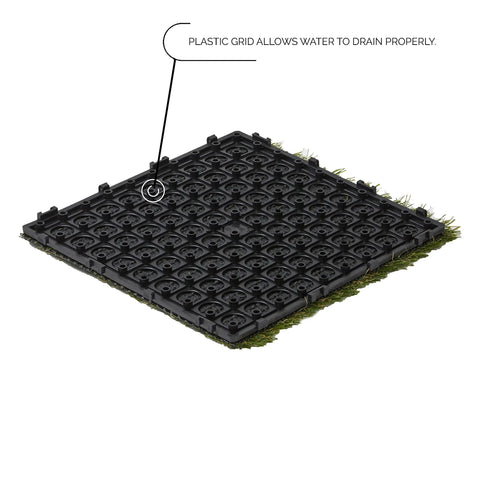 Back view of Interlocking Artificial Grass Tiles For Outdoor Decking And Indoor Decor Soft Synthetic Turf with drainage grid