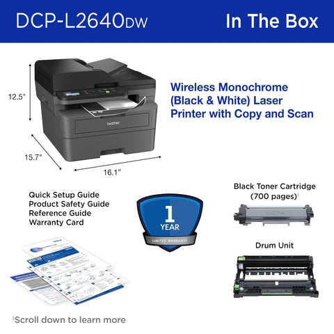 Image of Compact Monochrome 3 In 1 Laser Printer With Copy Scan And Auto Duplex Wireless And Mobile Printing Alexa Compatible No Fuss Small Biz Workhorse For Home Office Use Includes Refresh Trial, with included accessories.