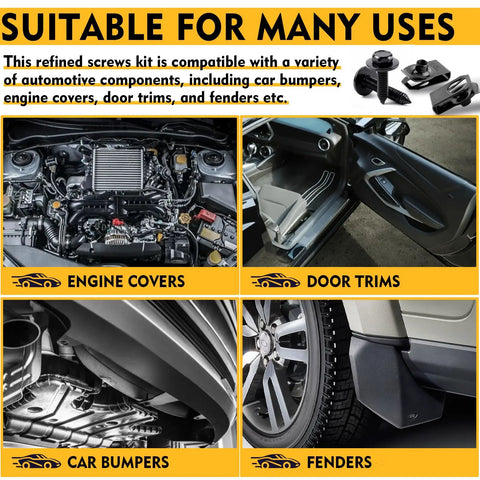 Knockout Quality 60 Piece 1/4 Inch U Nut Clips And Hex Head Auto Body Bolt Kit installed on engine covers, door trims, car bumpers, and fenders.