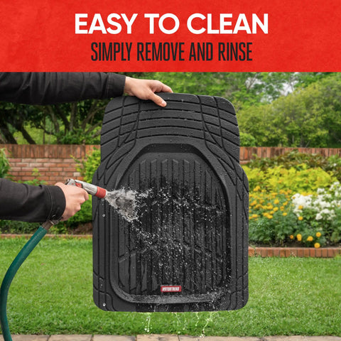 Premium Quality Heavy Duty Hella Durable All Weather Floor Mats Deep Dish Waterproof Trim To Fit Black Rubber Guard Set being rinsed.