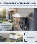Heavy Duty Outdoor Charger Rainproof Cover Keeps Your EV Station Secure When Weather Beats Down Universal Stainless Steel Electric Box Protector Built Solid For All Seasons mounted on a wall with rain droplets.