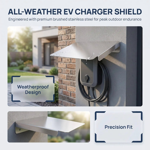 Heavy Duty Outdoor Charger Rainproof Cover Keeps Your EV Station Secure When Weather Beats Down Universal Stainless Steel Electric Box Protector Built Solid For All Seasons mounted on a wall with rain droplets.