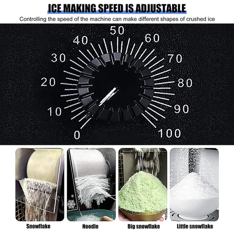 Close-up of speed dial on commercial electric shaved ice machine for snow cones and milk tea shops adjustable thickness ice shaver grinder.