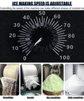 Commercial Electric Ice Shaver Machine With Adjustable Thickness dial and ice texture options, showing snowflake, noodle, big and little snowflake.
