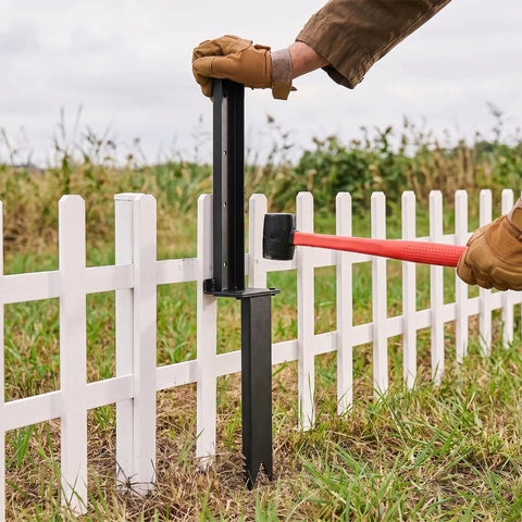 Person using Heavy Duty Fence Post Repair Kit And Quick Fix Stabilizer Bracket to install support next to white fence.
