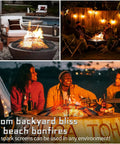 24 Inch Fire Pit Spark Screen with foldable hook and marshmallow sticks being used in backyard and beach settings