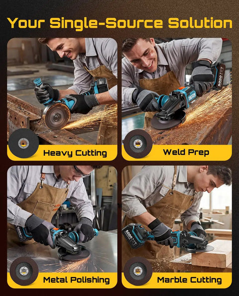 Heavy Duty Brushless Flathead Angle Grinder Kit With 21V Lithium Ion Muscle And Dual 5 Ah Packs Paired With Lightning Fast Dock for metal polishing.