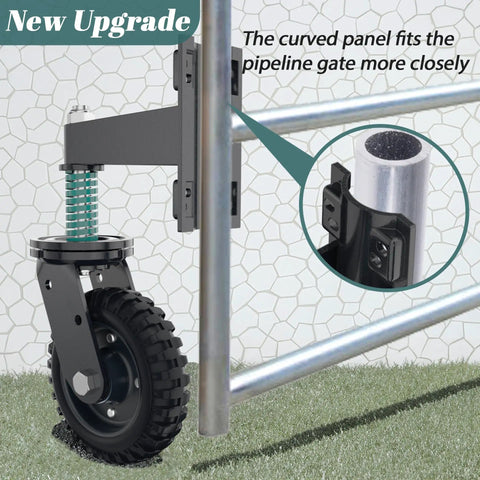 Six Inch Heavy Duty Gate Wheels Serving As A Badass Rolling Rig With Built Spring Suspension For Slick Glide On Wood Or Metal Fences Tackles Rough Yards Without Dragging Damage close-up on curved panel attachment for improved gate fit.