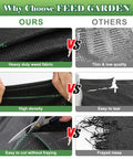 Comparison of heavy duty weed fabric with a thin, low-quality alternative, highlighting high density and fray prevention features.