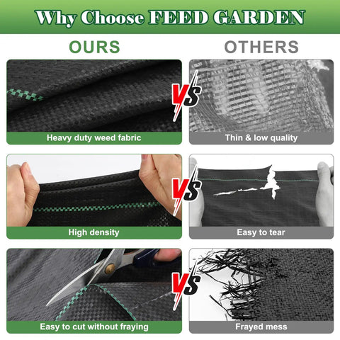 Comparison of heavy duty weed fabric with a thin, low-quality alternative, highlighting high density and fray prevention features.