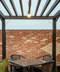 Inside Mount 45 Degree Angle Corner Brace Set on pergola, beefy connector for wood posts and beams in outdoor setup.