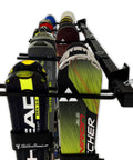Heavy Duty Wall Mount Ski Storage Rack Designed To Hang Ten Pairs Of Skis And Poles With A Tough Three Hundred Pound Weight Capacity, showing skis mounted.