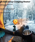 6200BTU Propane Heater With Windproof USB Lighter for Camping And Outdoor Use inside a tent with winter landscape view