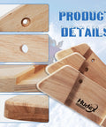 Product details of Killer Horizontal Solid Wood Ski Rack Wall Mount With Heavy Duty Build And Slick Natural Finish For Garage Home Or Cabin Display Of Mountain Touring And Vintage Skis In Medium Size showcasing wood texture and hole cutouts.
