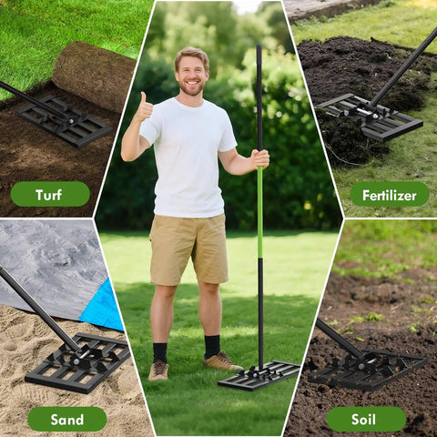 Heavy Duty Lawn Leveling Rake With Six Point Five Foot Steel Handle 17 By 10 Inch Leveling Tool used on turf and soil