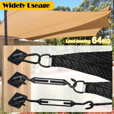 Tough As Nails 304 Stainless Shade Sail Hardware Kit 6 Inch Matte Black attached to wood post for patio installation.