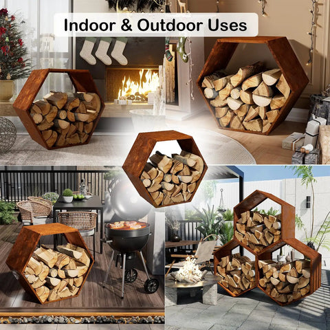 Hexagon Firewood Log Rack Built Tough With Honeycomb Design For Wood Storage Indoor Outdoor Use Durable Steel Pre Rust Finish Big Capacity