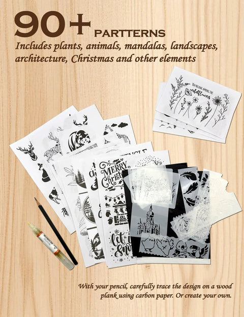 Beginner Friendly Wood Burning Kit With Markers Heat Gun Wood Slices Stencils Transfer Paper Pencil And Plaques Dope Gift For Artists Crafters Diy Lovers And Teens featuring 90+ patterns including plants, animals, and mandalas