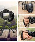 Collage featuring Universal Camera Hand Grip Strap for Canon EOS R8 R10 R7 R5 R6 with cushioned grip on DSLR and mirrorless cameras