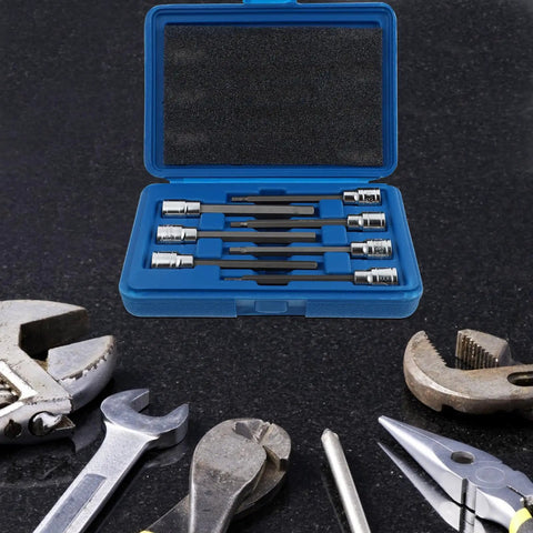 3 8 Inch Drive Badass Xxl Extra Long Bits Socket Wrench Set with Heavy Duty Ratcheting Tools displayed in a blue case.