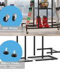 Floor Standing Ski And Snowboard Rack With 3 Tier Shelf Holds Boots Helmets And Packs Drill Free Mount No Sweat Setup shown with wheels for easy mobility.