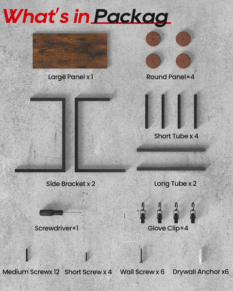 What's in the package of Solid Wood And Reinforced Metal Motorcycle Helmet Rack including panels, tubes, and screws.