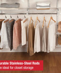 Rock Solid Closet Shelving System Adjustable 6 To 10 Feet Wide Metal Wire Storage Rack With Rust Proof Epoxy Finish showing hanging garments and shoes.