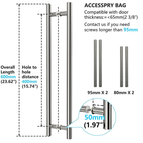 Diagram of Beefy 24 Inch Stainless Steel Door Pull Handle With Brushed Nickel Finish showing dimensions and screws included